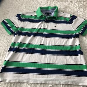 Green, white and blue striped,short sleeve polo shirt by Tommy Hilfiger, Large.